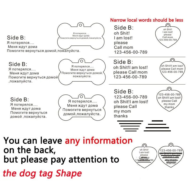 Personalized dog ID tag with stainless steel pendant and natural zircon chain, shown in black, blue, gold, or silver.