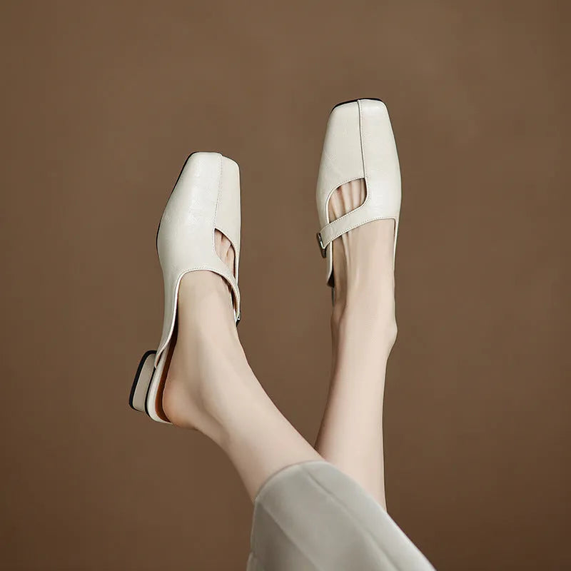 British-style square-toe outdoor slippers in artificial PU with rubber soles