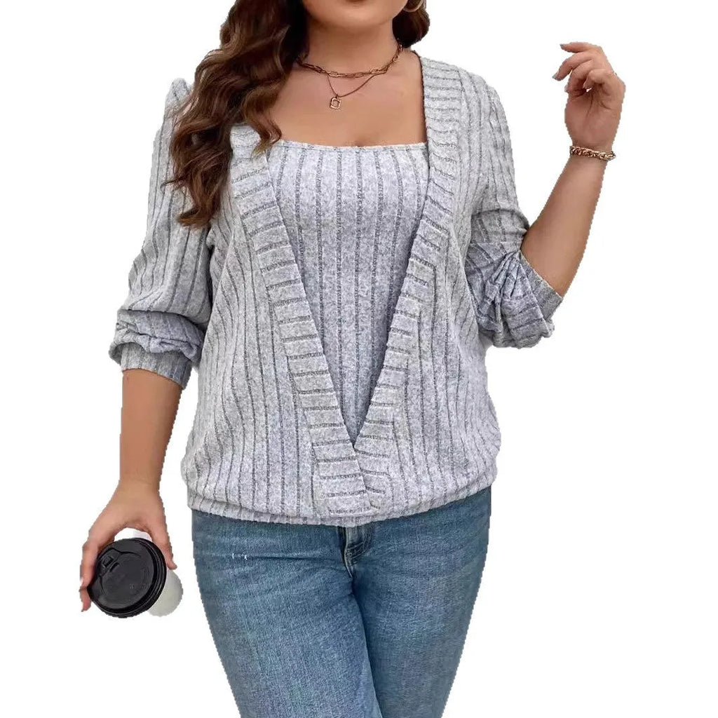 Women's solid colour rib fabric V-neck long sleeve two-piece suit dress