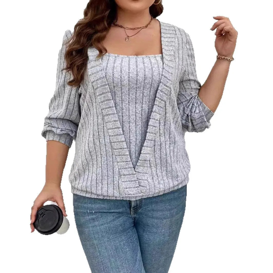 Women's solid colour rib fabric V-neck long sleeve two-piece suit dress