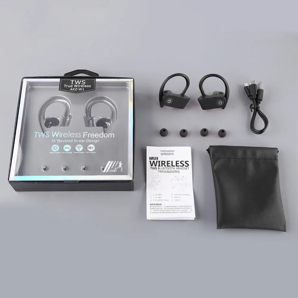 Black wireless Bluetooth earphones with ergonomic in-ear design showing buttons and LED indicator