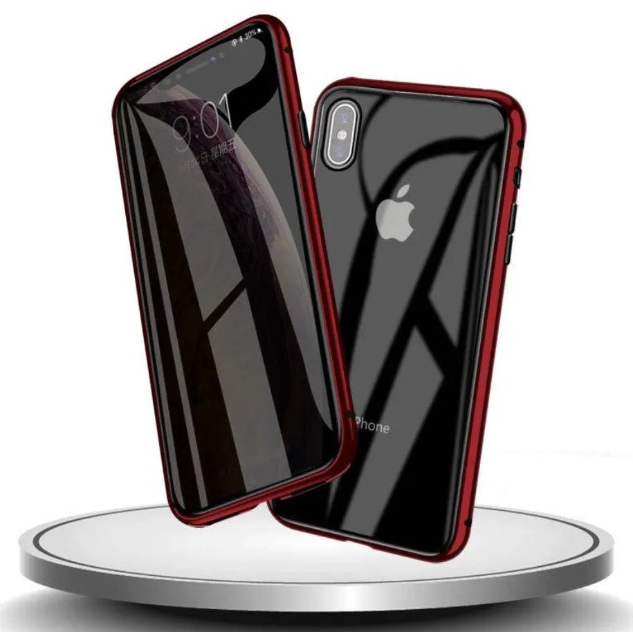 Machined glass anti-spy clamshell case for iPhone in black, silver, red, gold, green, or blue.