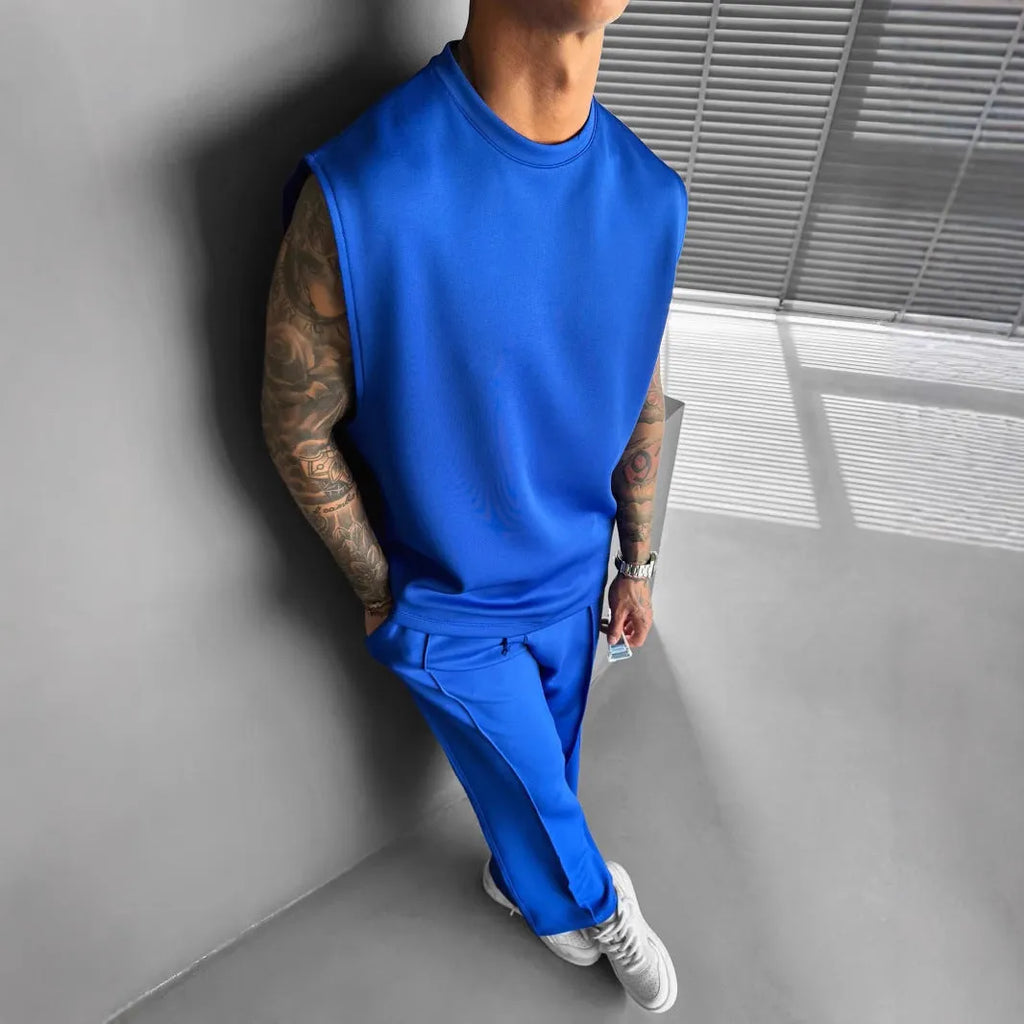 Men's polyester trousers and vest suit set in eight colours, sizes S to XXL, simple summer style