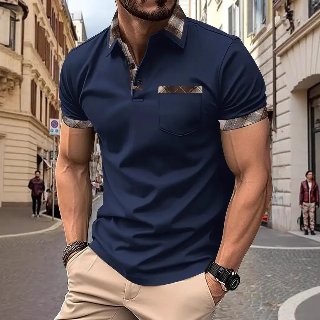 Men's plaid colourblock short sleeve T-shirt on hanger showing loose fit design
