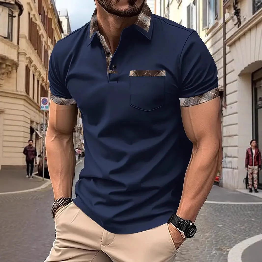 Men's plaid colourblock short sleeve T-shirt on hanger showing loose fit design
