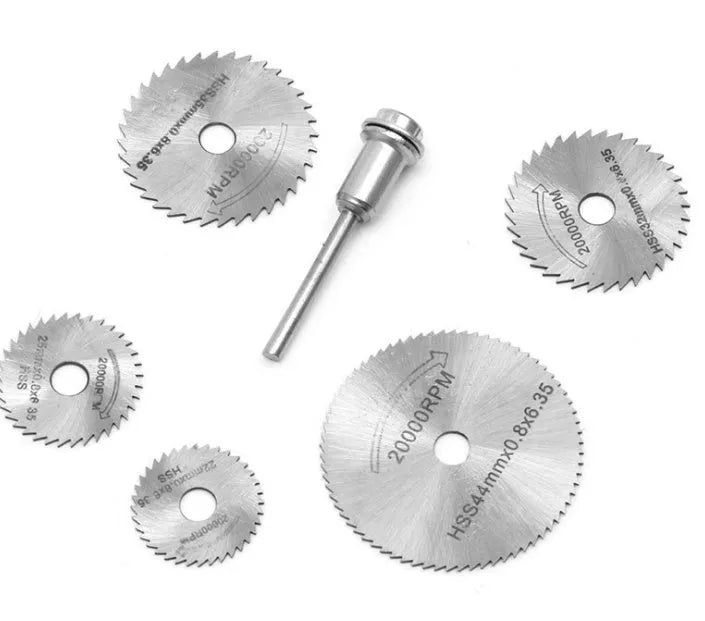 Set of 6 circular saw blades with mandrel showing high-speed steel construction and 15mm inner diameter