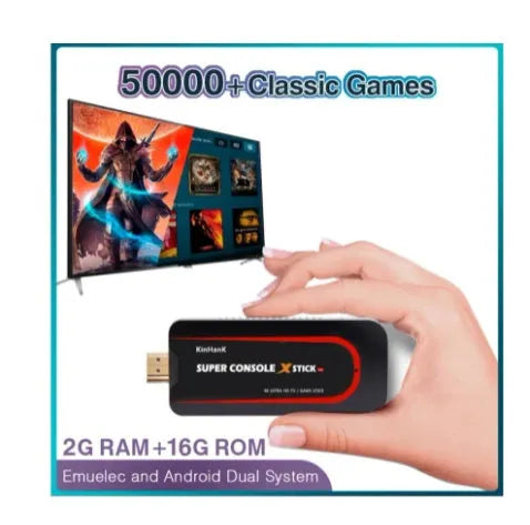 Super X operating system retro video game console with HDMI port on a shelf.