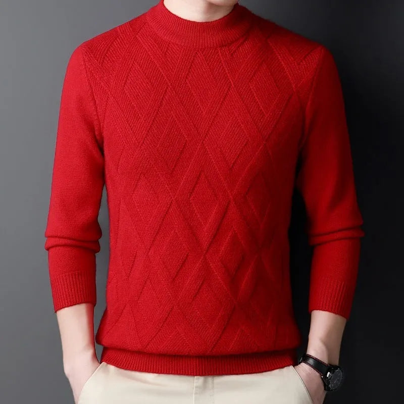 Men's thick wool winter sweater in diamond jacquard pattern with pullover design
