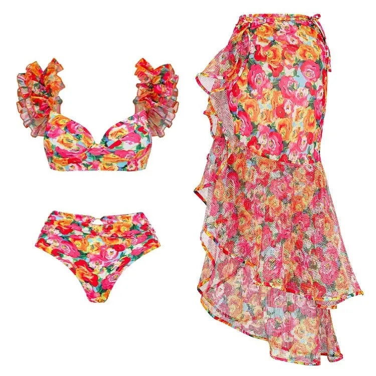 Women's floral print high waist push up bikini swimsuit for swimming