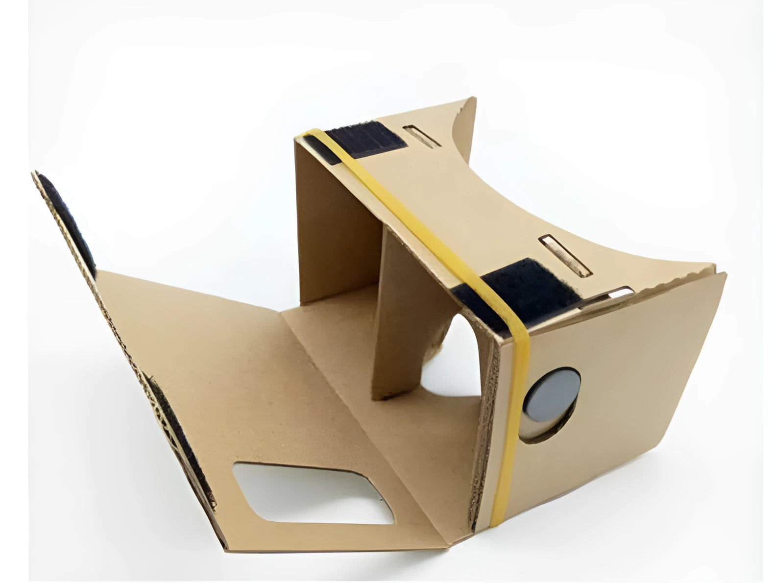 Pink and white VR cardboard glasses for smartphones with adjustable head strap.