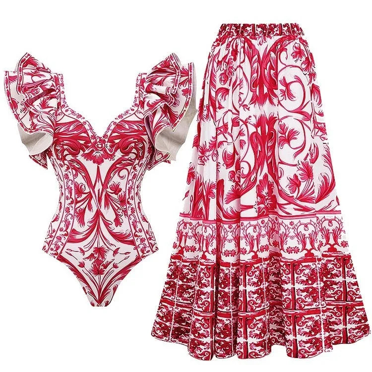 Women's printed one-piece swimsuit in rose pink on a mannequin.