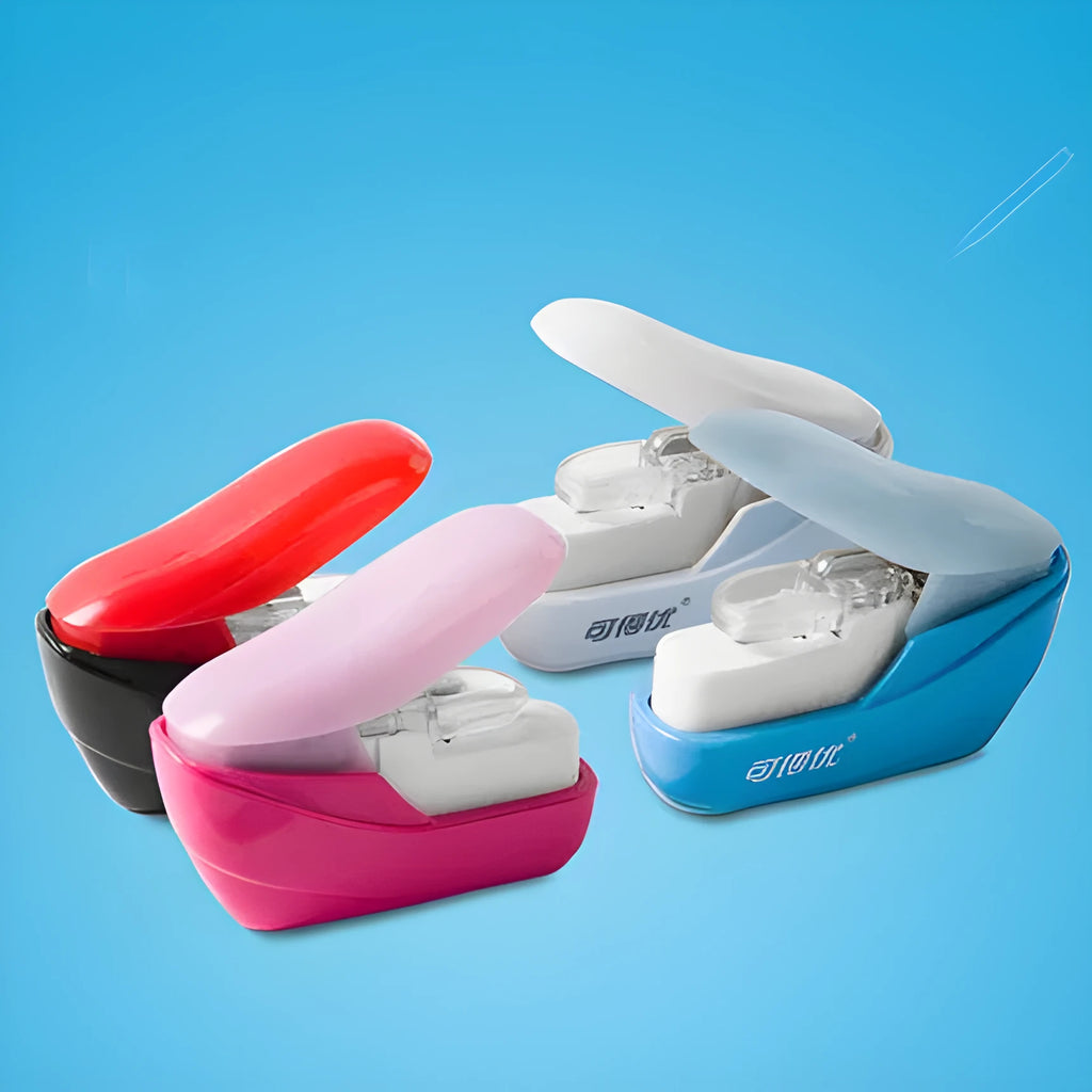 Compact stapler-free embossed paper binder in random colour on white background