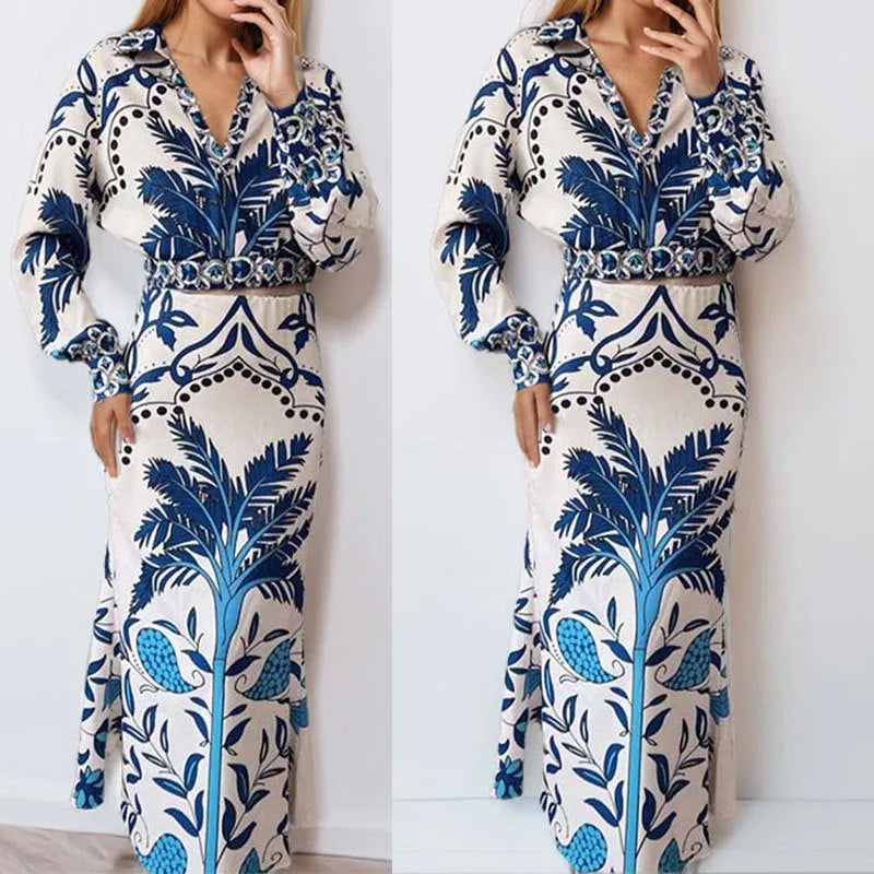 Women's casual two-piece co-ord set with long sleeves and long skirt for early spring wear