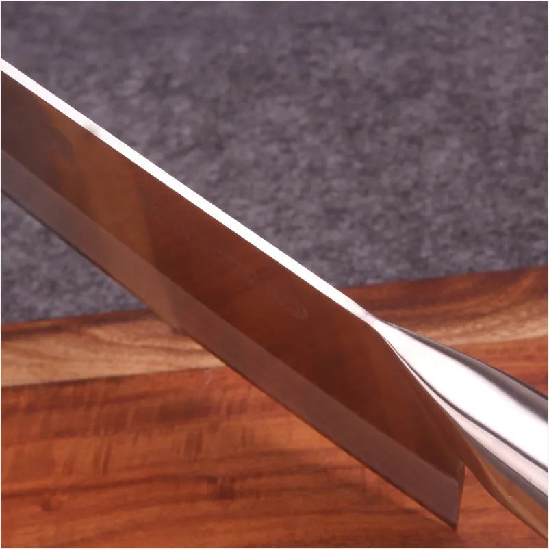 Stainless steel kitchen knife with yellow wooden handle and 19.8cm blade