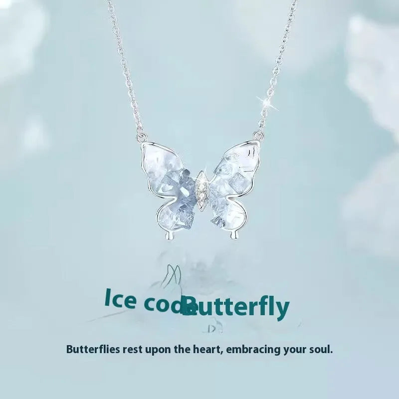 S925 silver necklace with ice rain butterfly pendant on adjustable O-ring chain