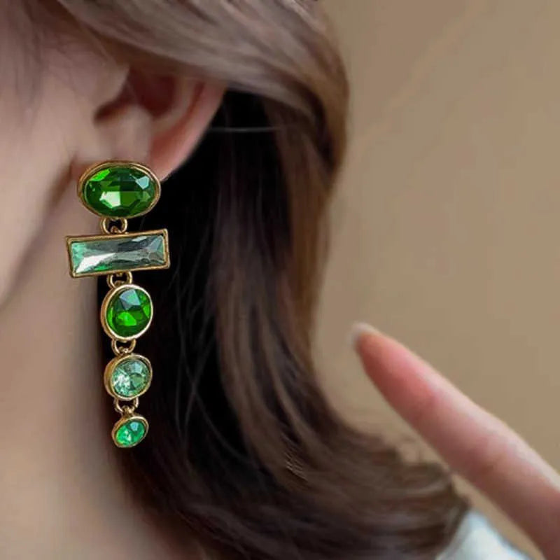 Green gradient geometric Chinese style earrings with zircon inlay and tassel details