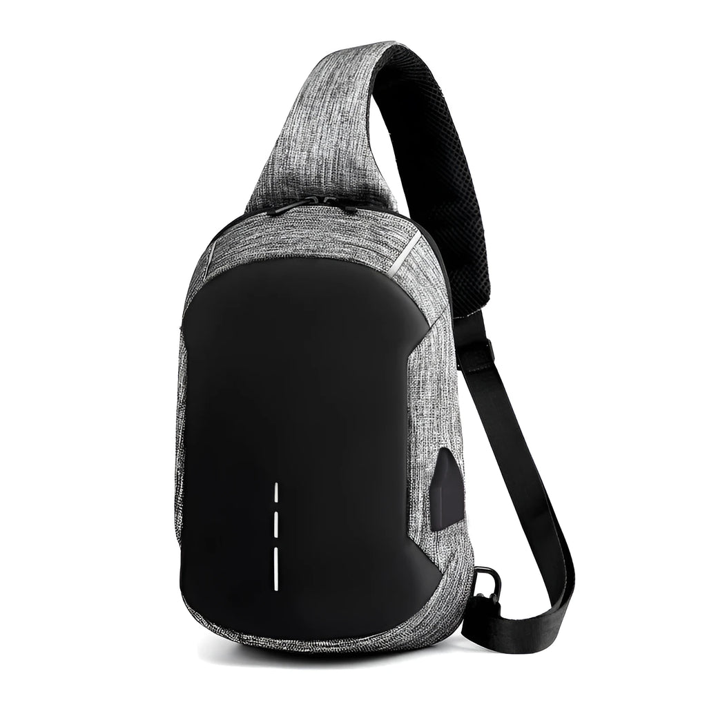 Oxford cloth waterproof chest bag in dark blue colour showing front zipper compartment and adjustable strap