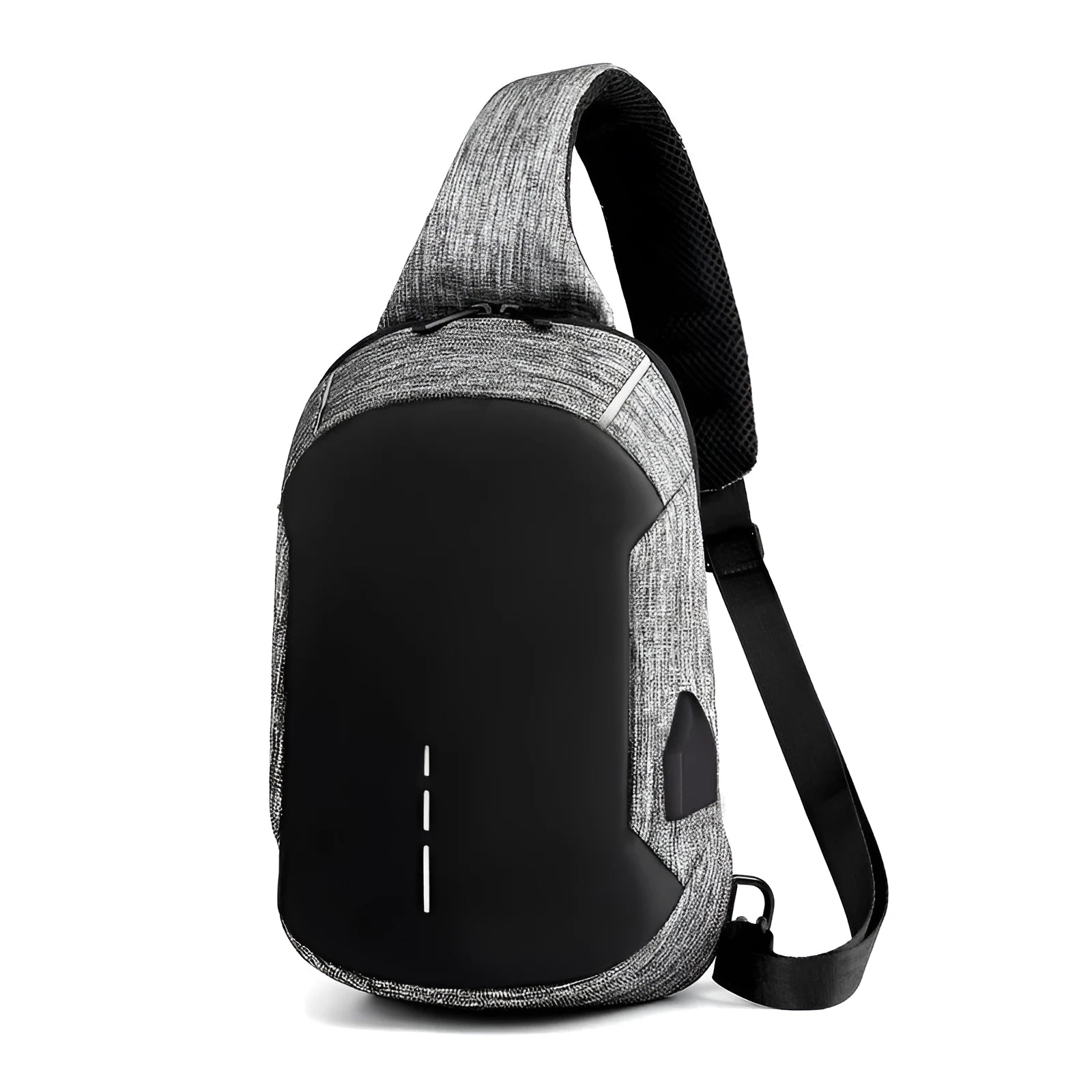 Oxford cloth waterproof chest bag in dark blue colour showing front zipper compartment and adjustable strap