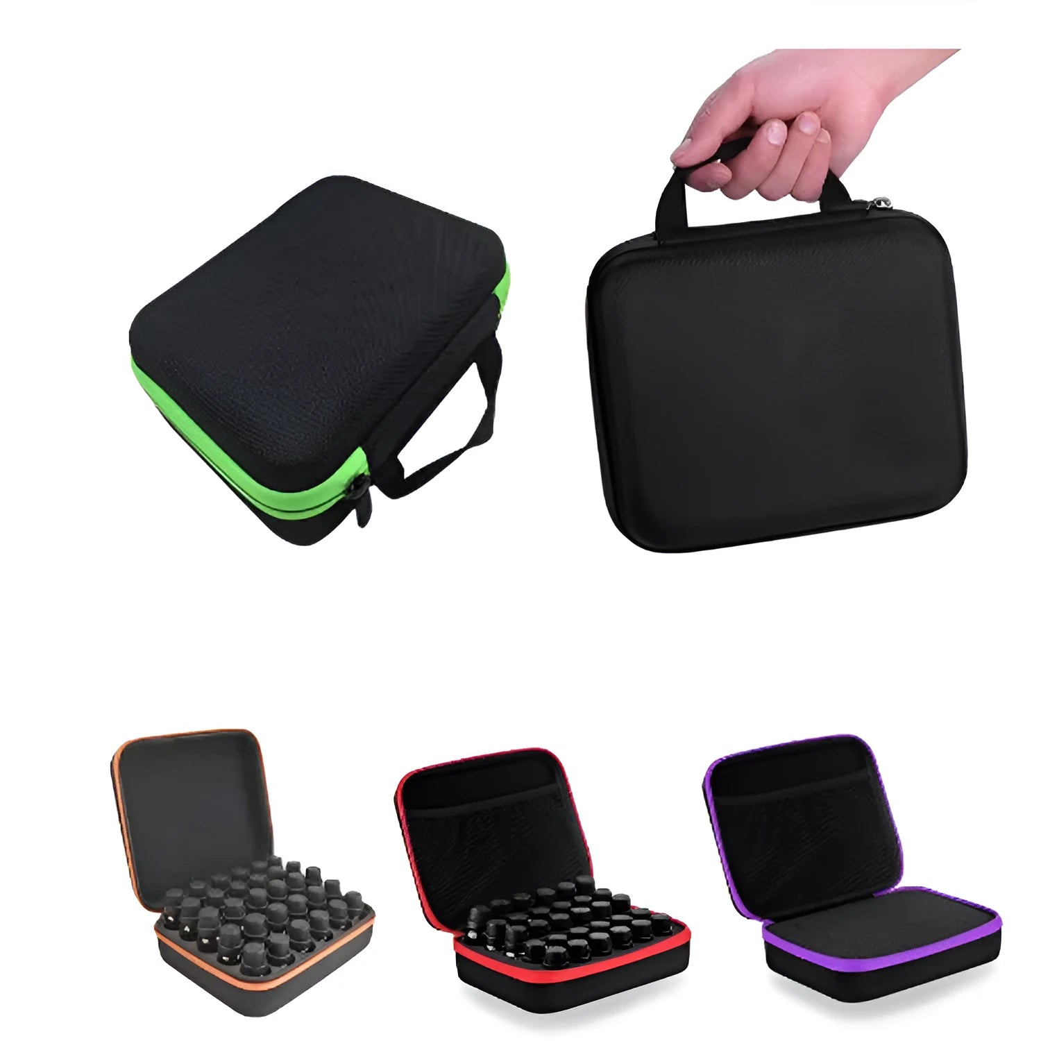 Red EVA cube essential oil storage bag with 30 compartments and a zip, shown next to bottles.
