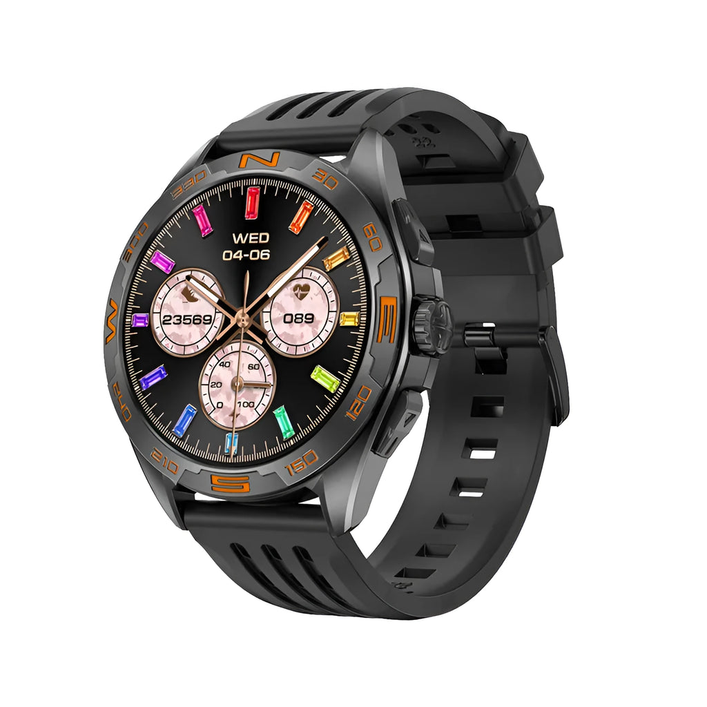 Smart watch with touch screen showing health monitoring functions including heart rate and blood oxygen levels