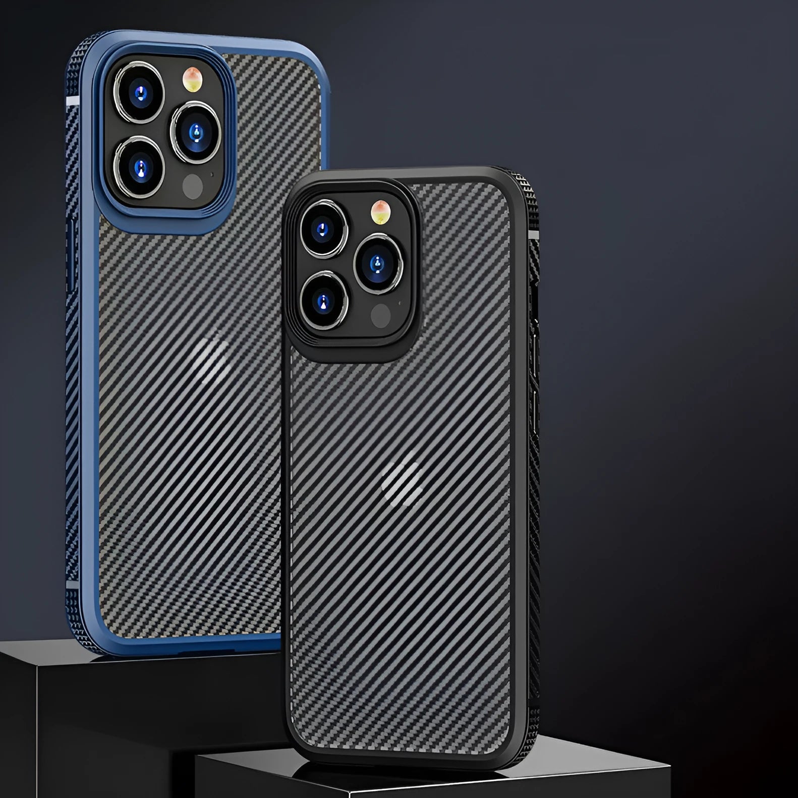 Black anti-fall protective back cover for iPhone 13 series with carbon fibre pattern