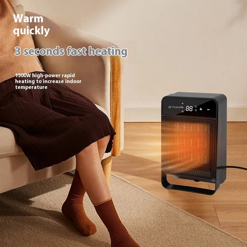 Black desktop electric heater with touch screen display and remote control on wooden desk