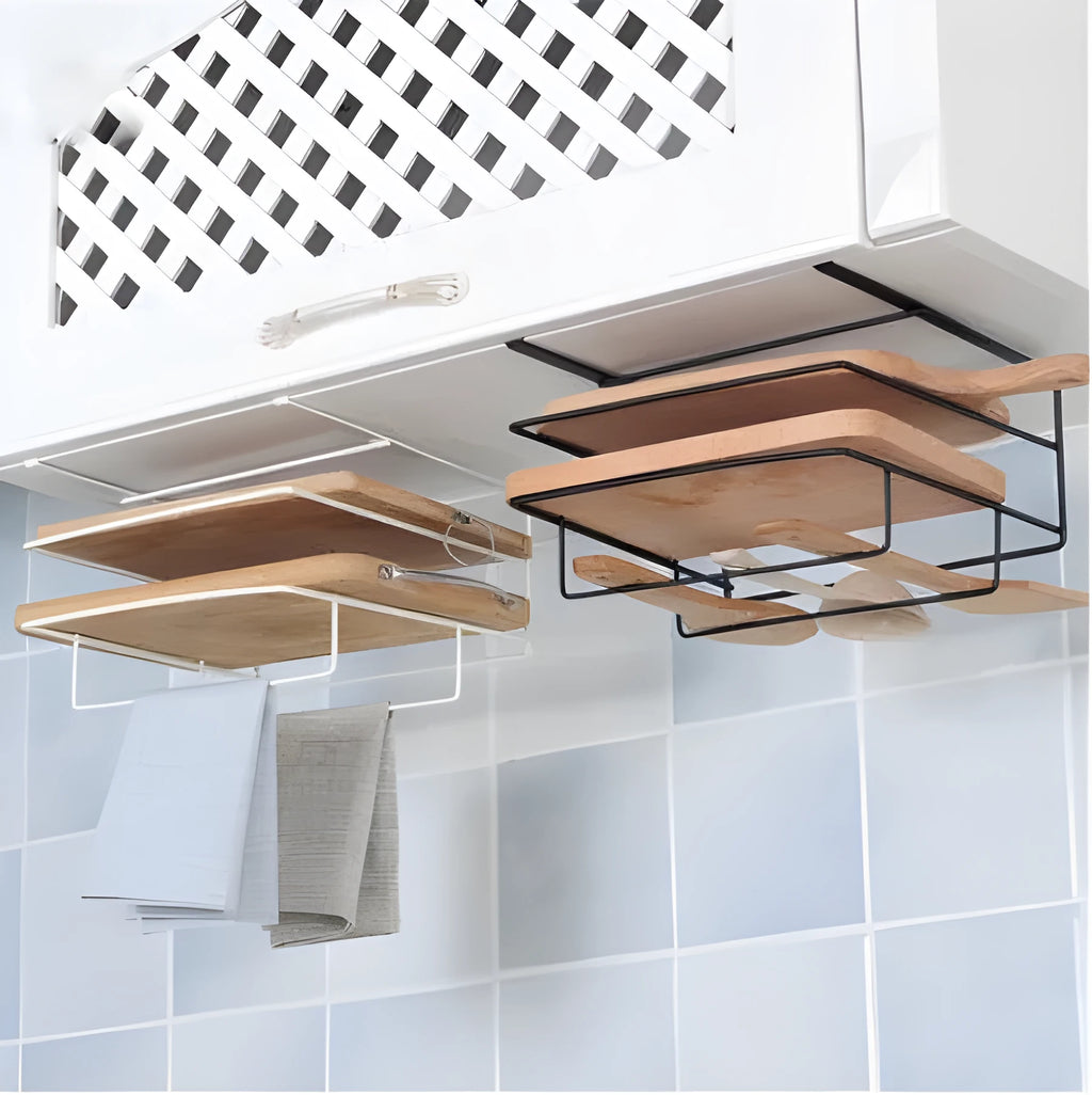 Kitchen double layer iron towel rack hanging holder with chopping board storage in white colour wall mounted