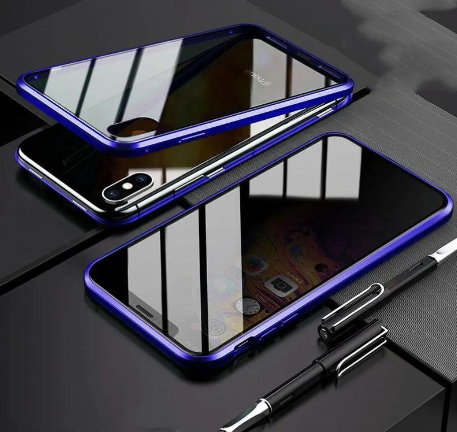 Machined glass anti-spy clamshell case for iPhone in black, silver, red, gold, green, or blue.