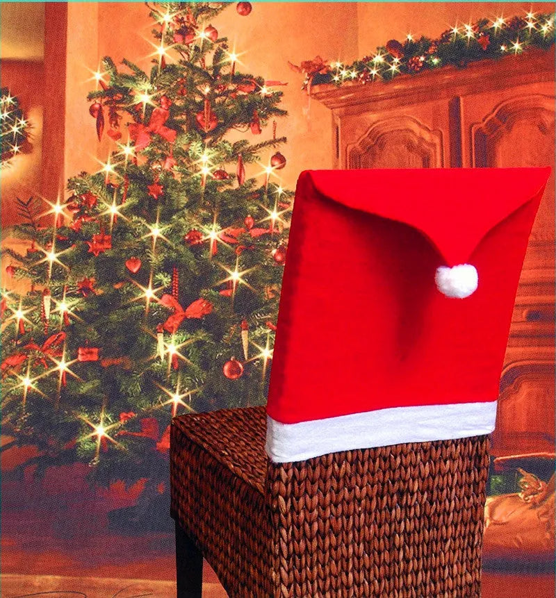 Christmas chair cover set with Santa Claus, Snowman, and Santa Hat designs on dining chairs