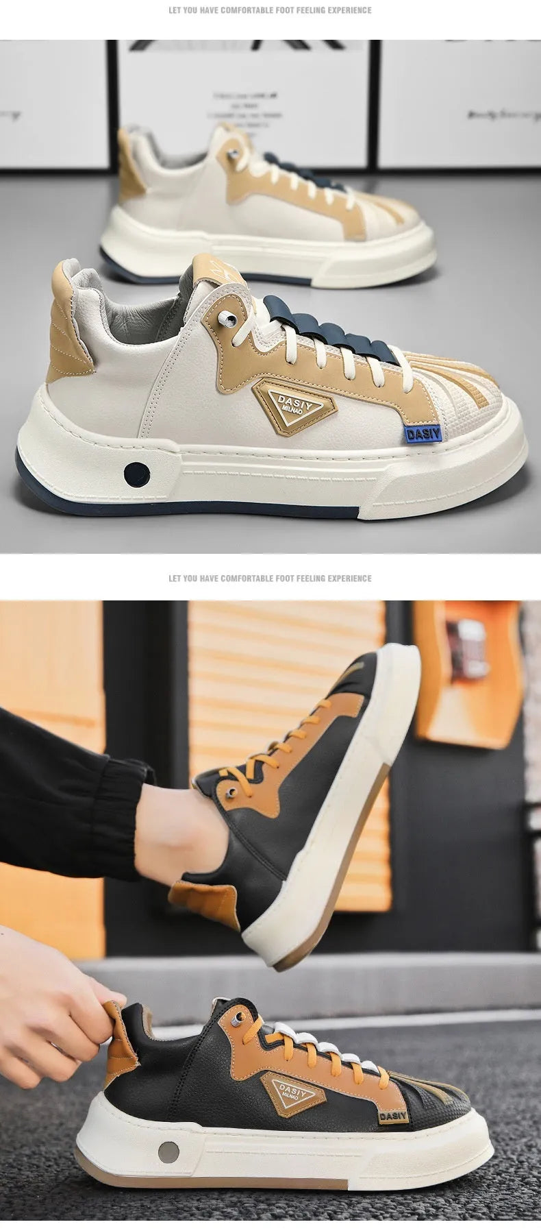 Men's beige low-top sneakers with elastic band fastening and round toe