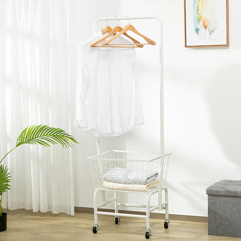 White iron single rod pulley storage car with clothes hanger on a wardrobe rail.