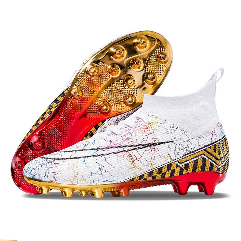 Men's high-top white soccer training shoes with a gold plated sole bottom on artificial grass.