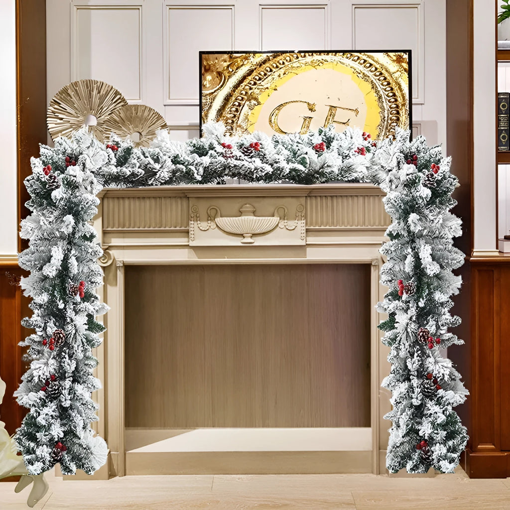 Flocked artificial Christmas garland with rattan elements in snow-dusted white