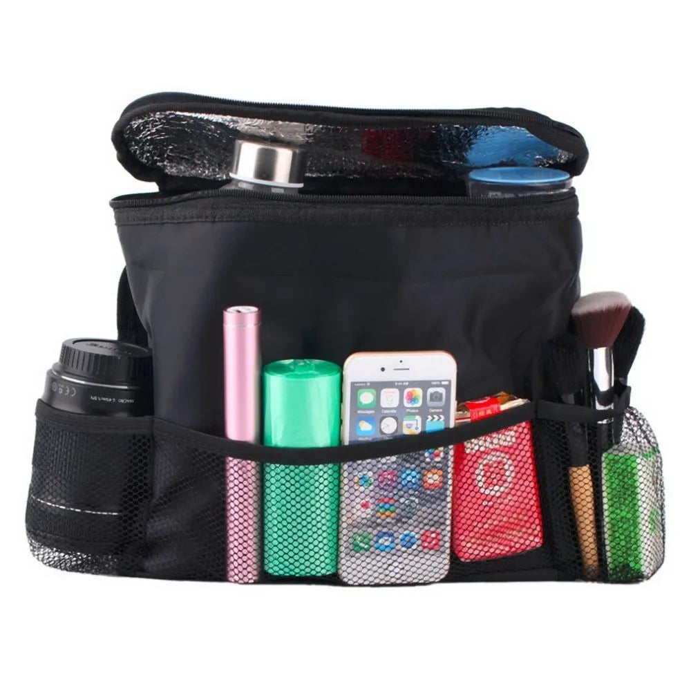 Black nylon universal car seat back organiser multi-pocket storage bag with adjustable straps and tissue holder
