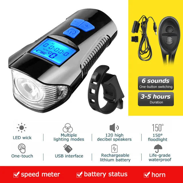 Waterproof USB rechargeable bicycle front light with computer code meter and ABS housing