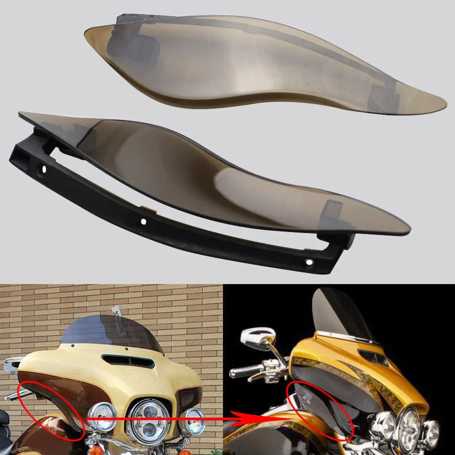 Harley-Davidson motorcycle windshield side wing kit in ABS plastic, smoked and black options