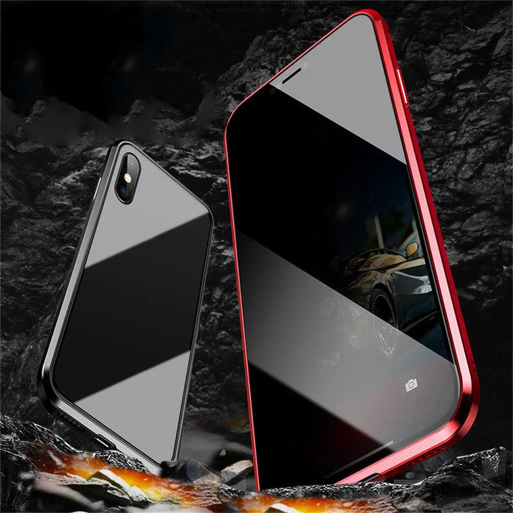 Anti-peep magnetic privacy glass case for iPhone XR XS Max X SE 2020 with metal edge and 9H tempered glass, 3-colour set