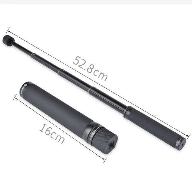 Black retractable aluminium selfie stick extended to full length showing tripod mount.