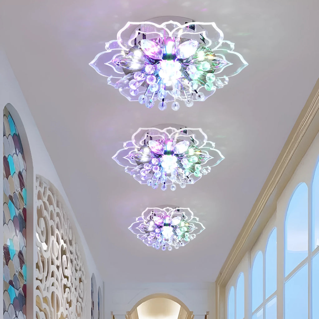 Modern minimalist crystal and acrylic ceiling lamp with stainless steel frame and flower-shaped shade design