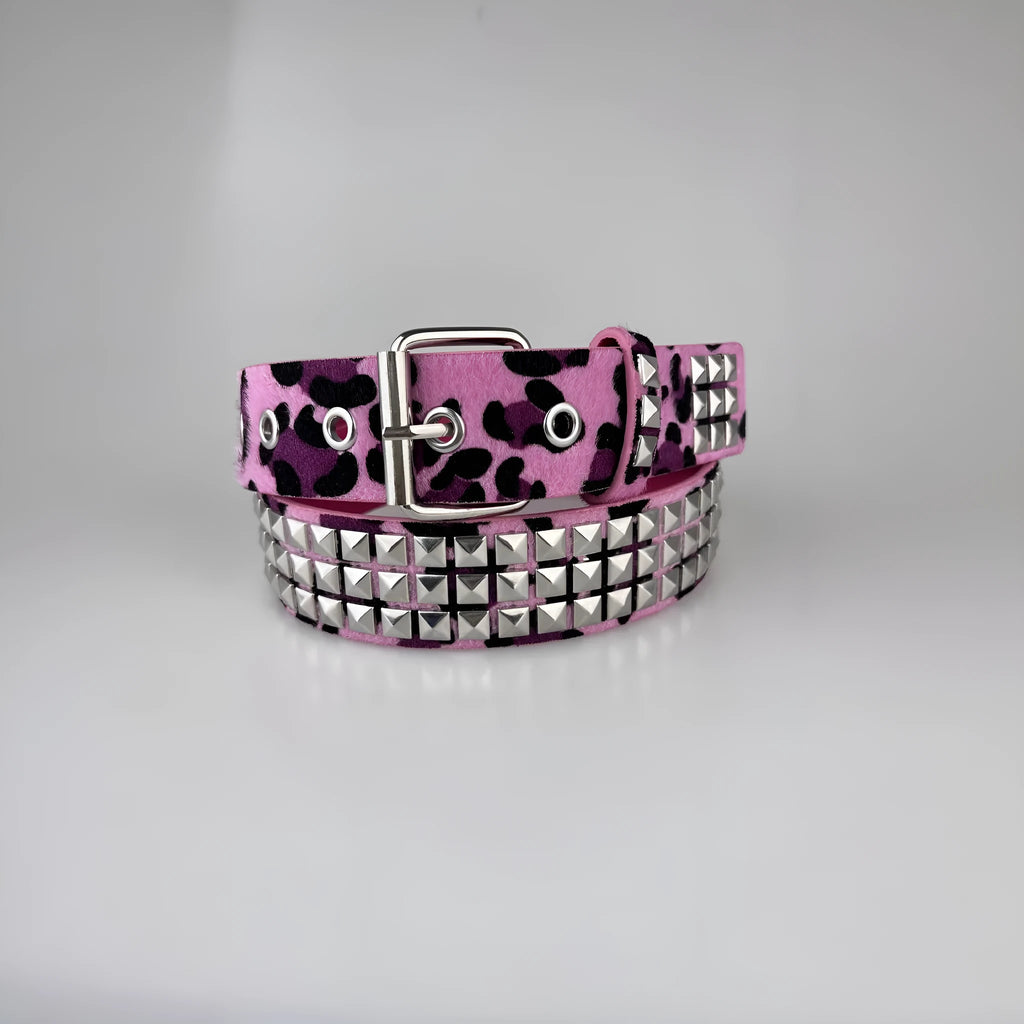 Punk women's PU leather belt with metal rivets and pyramid details in brown leopard, white zebra, or rose red patterns with alloy pin buckle