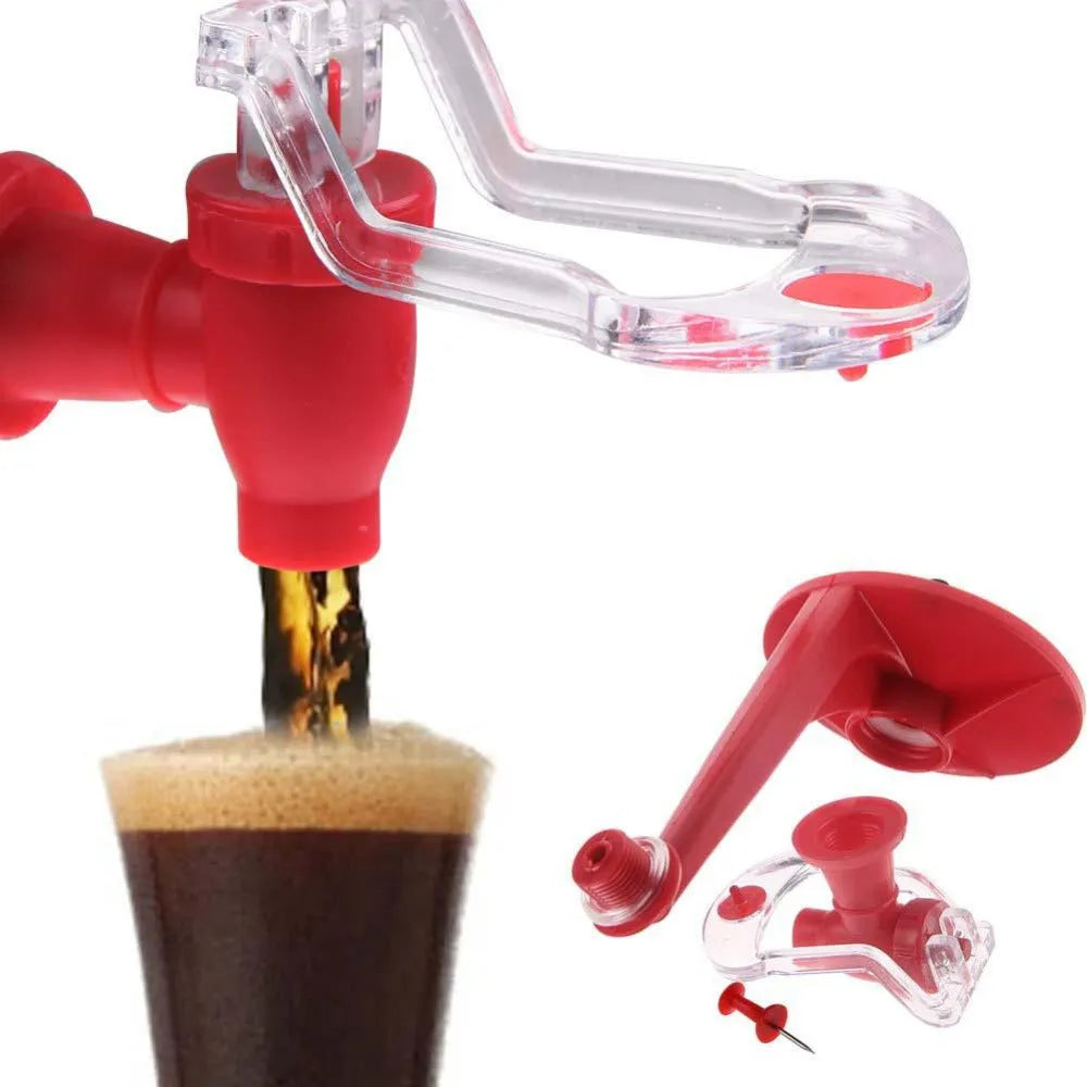 Red plastic soda dispenser attached to 2-litre bottle showing push-button mechanism