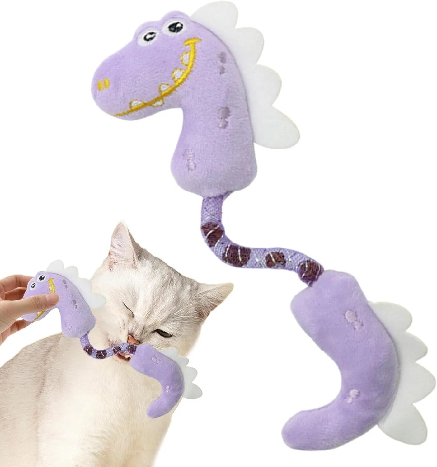 Set of four plush cat toys in pink, purple and yellow colours measuring 23cm long