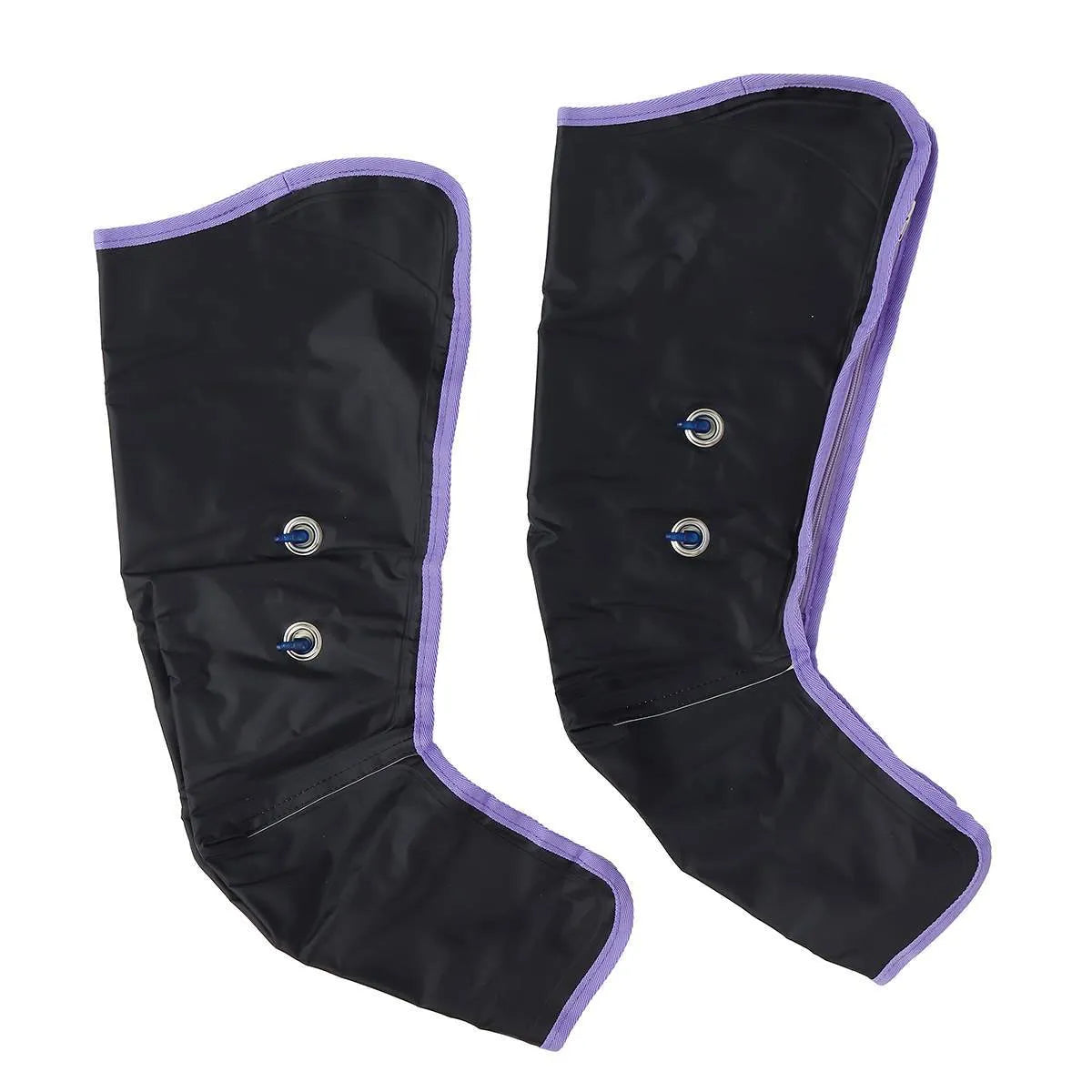 Pneumatic leg massager with handheld remote control and AC power supply, shown in EU, UK, or US plug model options