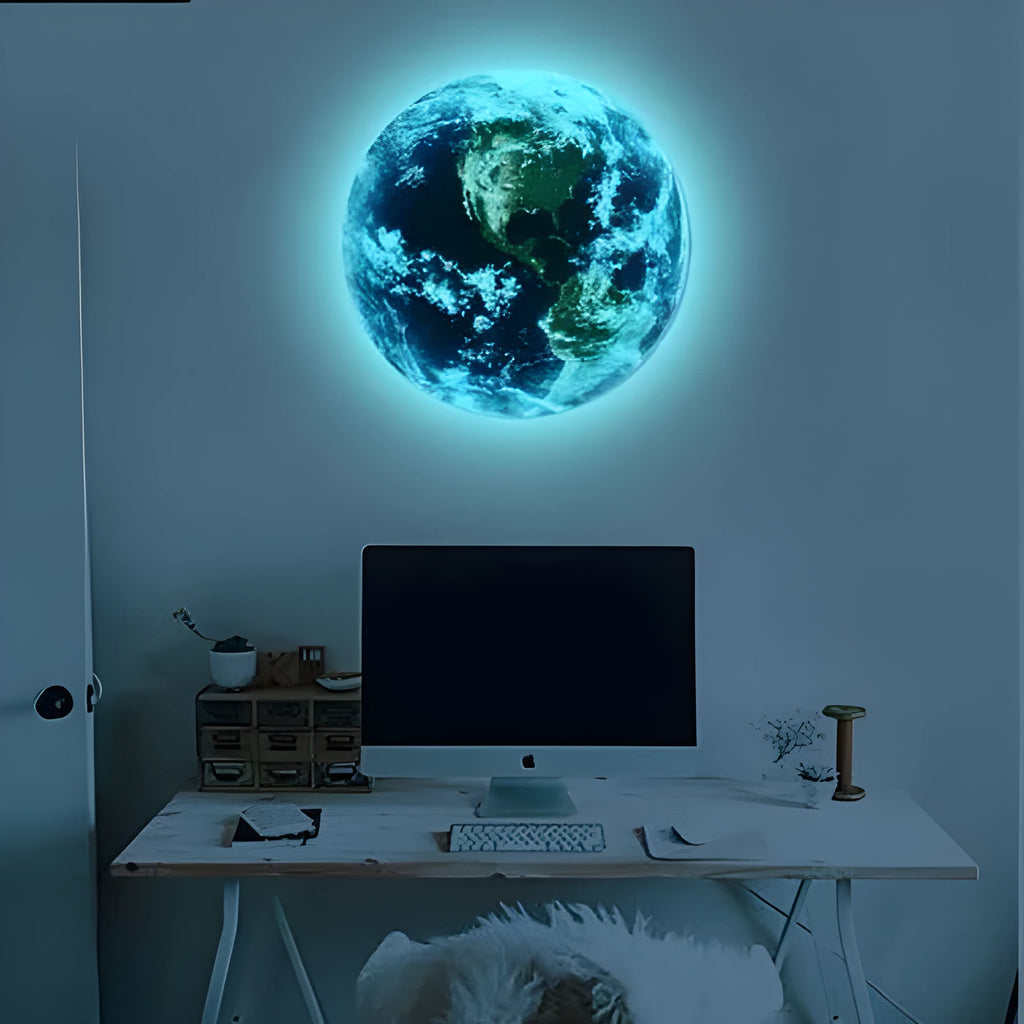 Glow in the dark 3D planet Earth wall sticker in multiple sizes on a bedroom wall.