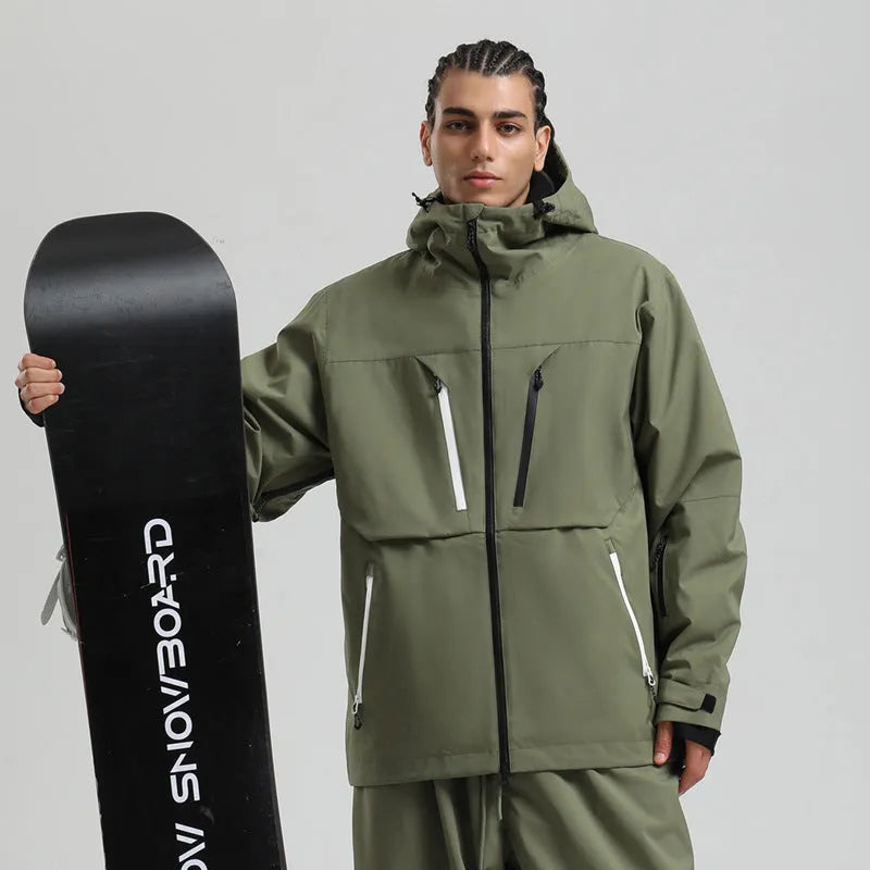 Waterproof padded breathable loose ski coat in khaki, front view, unisex design for snow sports