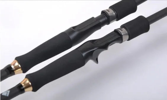 Telescopic carbon fishing rod with matte coating, inline guide rings, and choice of gun handle or straight handle in multiple lengths