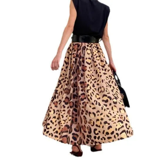 Women's brown leopard print A-line long skirt with big hem detail and animal pattern design