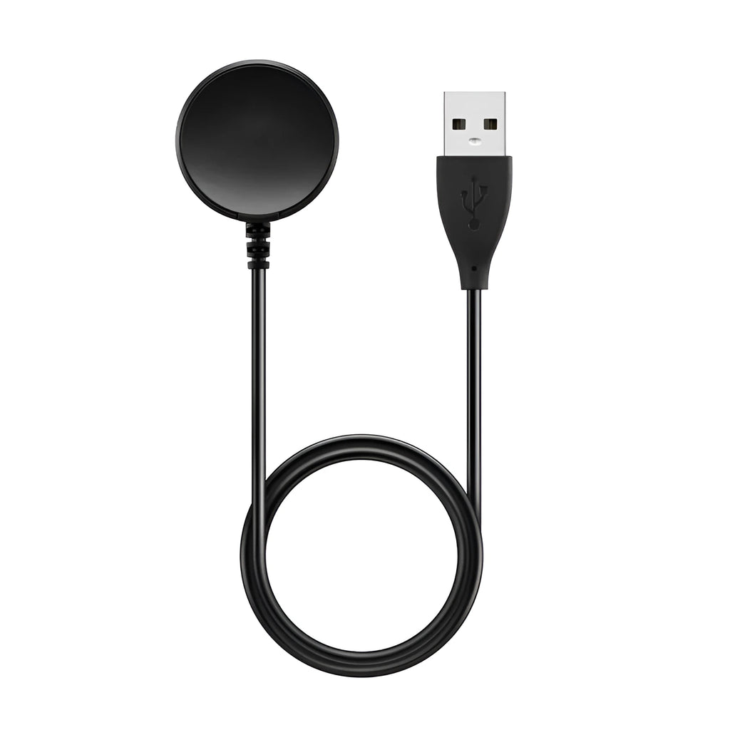 Black plastic USB wireless fast charger for watches, measuring 34mm by 10mm.