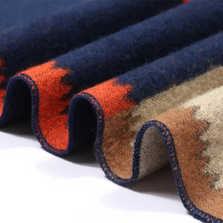 Buddha pattern imitation cashmere scarf in camel, 180x30cm with tassels, warp knit jacquard design
