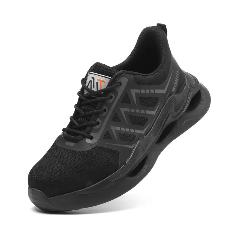 Black lightweight breathable steel toe cap labour protection safety shoes on a white background